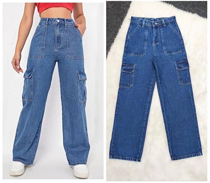 High Waist Cargo Denim Jeans for Women Trendy Wide Leg Streetwear Fit