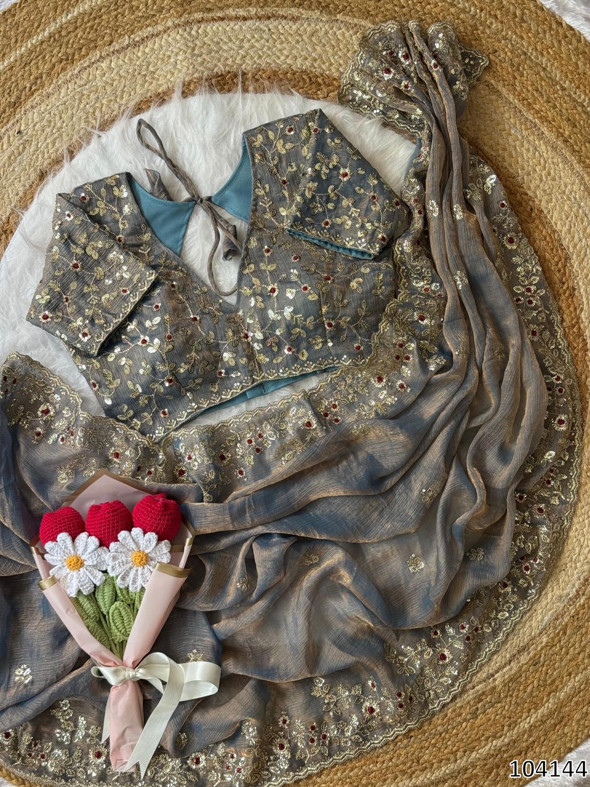 Soft Fendy Chiffon Saree – Heavy Embroidery & Sequin Glam (Festival & Party Ready)