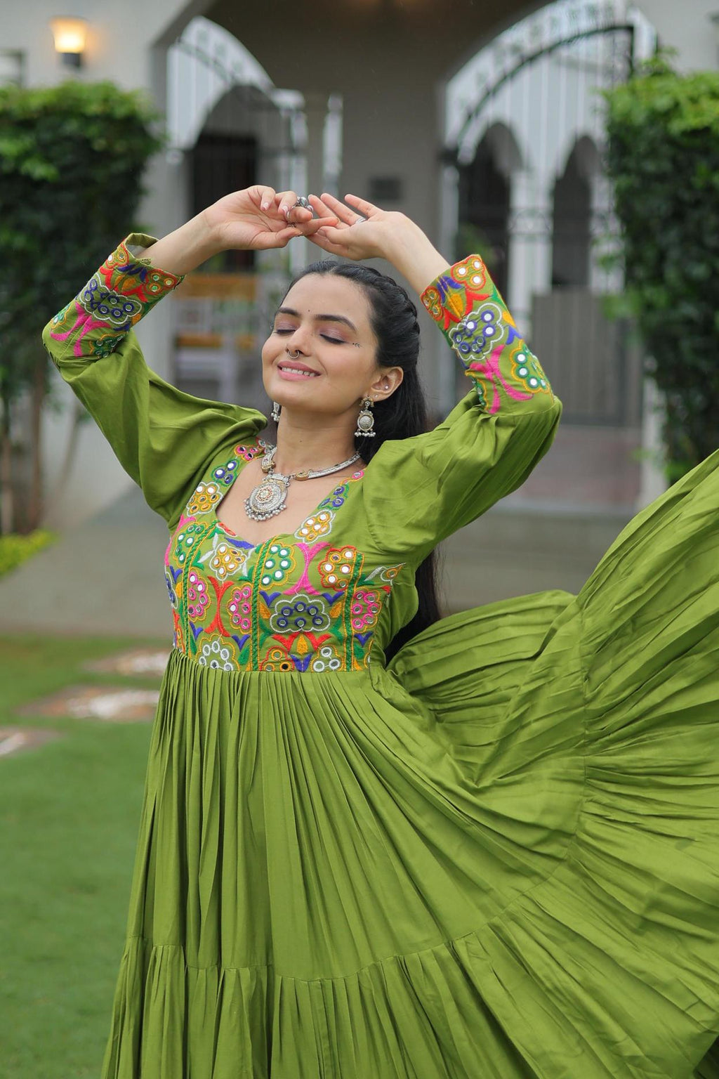 Reyon Kutchi Gamthi Work Navratri Kurti Gown – Traditional Mirror & Thread Embroidery – Full Flared Anarkali Style