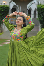 Reyon Kutchi Gamthi Work Navratri Kurti Gown – Traditional Mirror & Thread Embroidery – Full Flared Anarkali Style