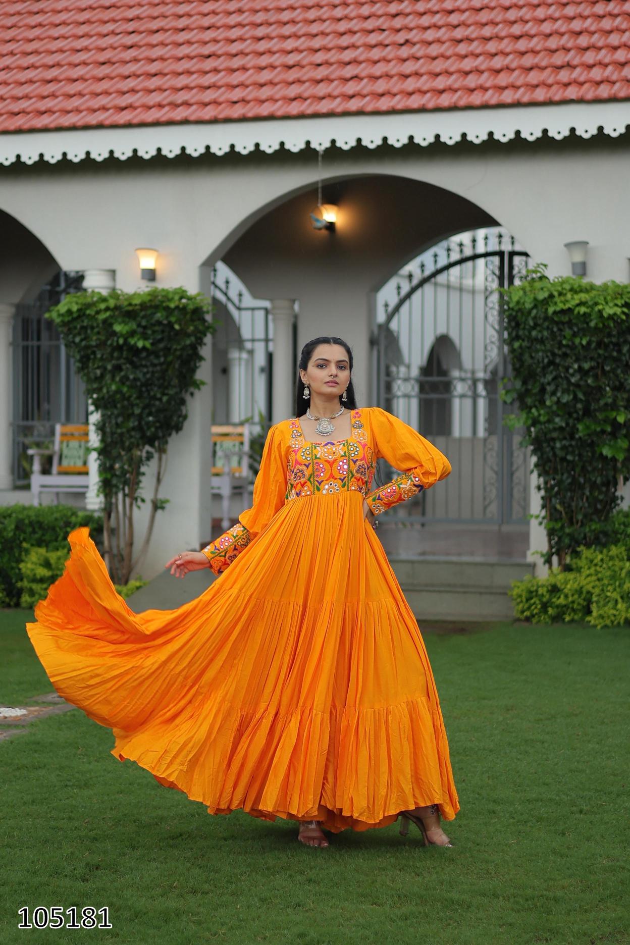 Reyon Kutchi Gamthi Work Navratri Kurti Gown – Traditional Mirror & Thread Embroidery – Full Flared Anarkali Style