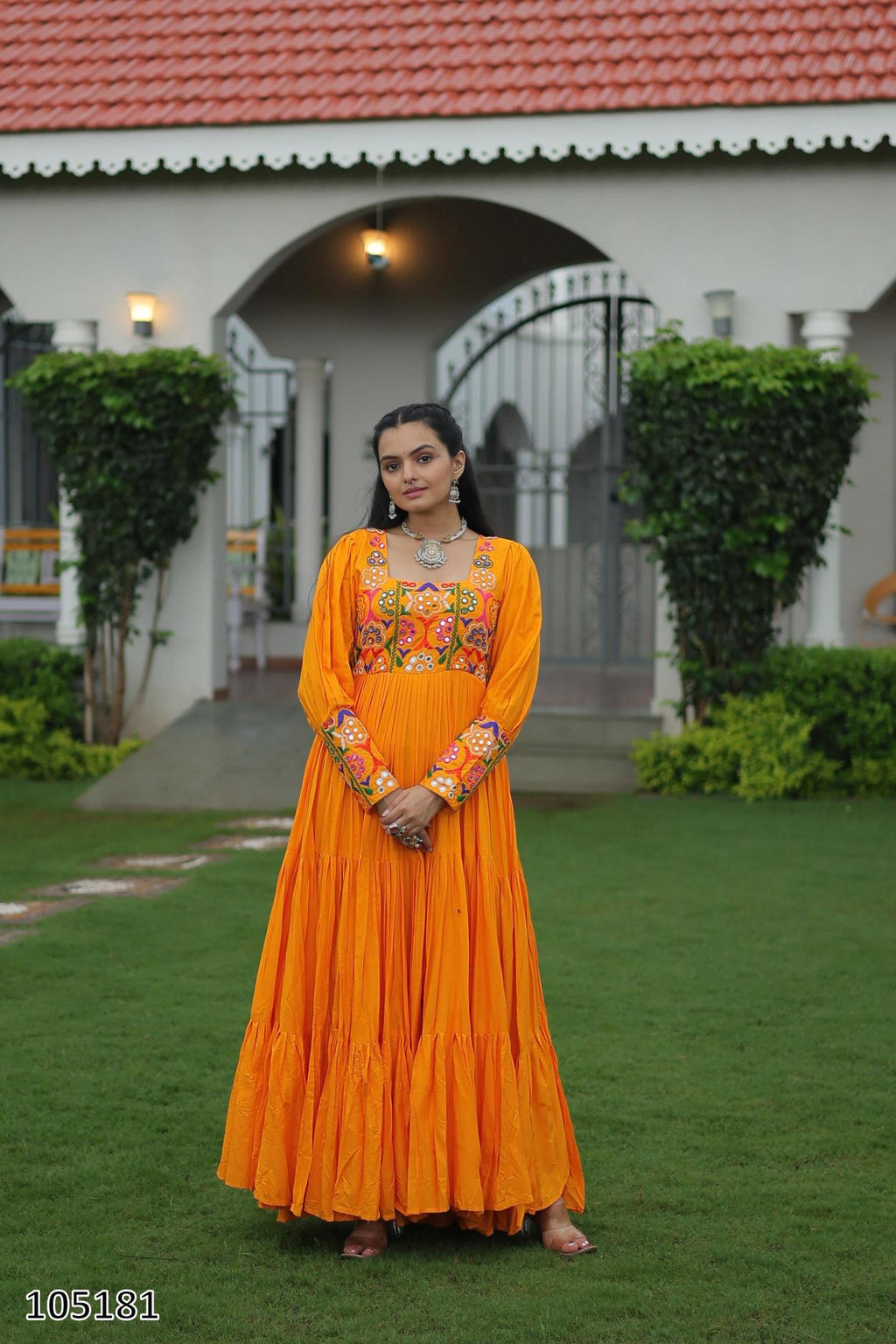 Reyon Kutchi Gamthi Work Navratri Kurti Gown – Traditional Mirror & Thread Embroidery – Full Flared Anarkali Style