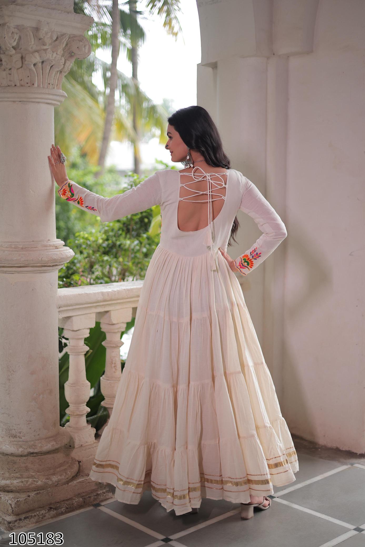 Kora Cotton Multi-Thread Embroidered Navaratri 12-Meter Flair Gown – Elegant Garba & Dandiya Dress for Women