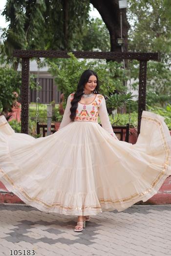 Kora Cotton Multi-Thread Embroidered Navaratri 12-Meter Flair Gown – Elegant Garba & Dandiya Dress for Women