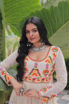 Kora Cotton Multi-Thread Embroidered Navaratri 12-Meter Flair Gown – Elegant Garba & Dandiya Dress for Women