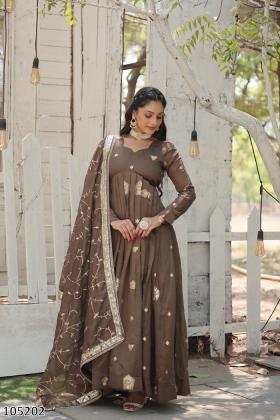 Royal Brown Zari & Sequin Embroidered Gown with Dupatta