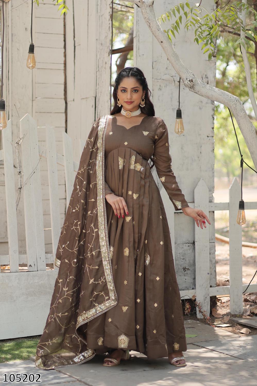 Royal Brown Zari & Sequin Embroidered Gown with Dupatta