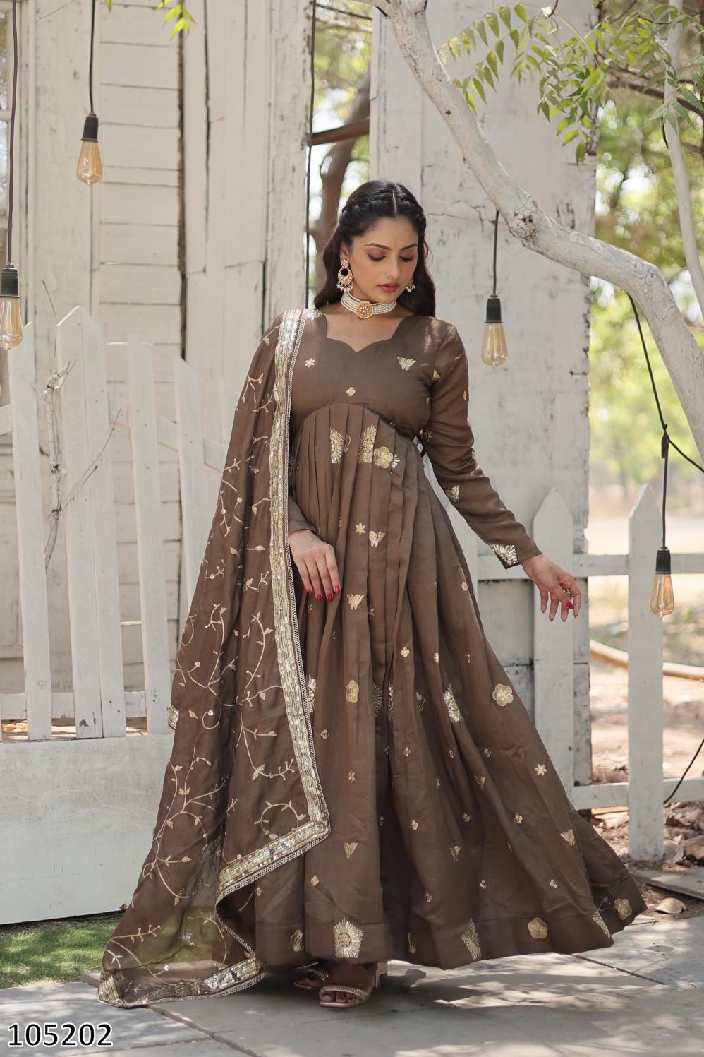 Royal Brown Zari & Sequin Embroidered Gown with Dupatta