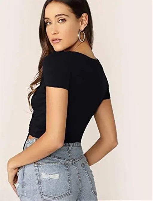 Ruched Drawstring Ribbed Crop Top  Trendy Slim-Fit Stretch Wear