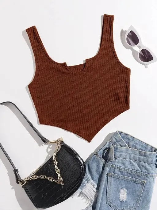 Ribbed V-Hem Stretch Crop Top