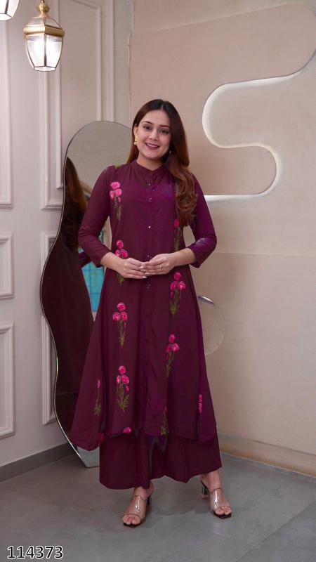 “Eternal Grace Long Flair Embroidered Kurti & Palazzo Set – Statement Ethnic Co-Ord”