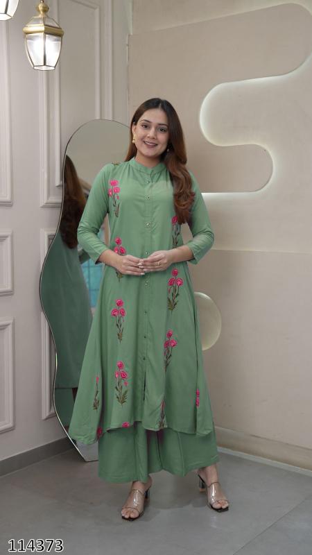 “Eternal Grace Long Flair Embroidered Kurti & Palazzo Set – Statement Ethnic Co-Ord”