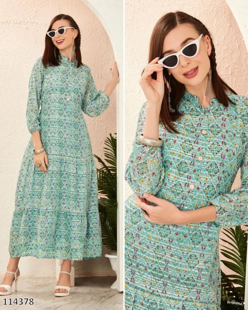 Aqua Bloom Printed Long Gown – Premium Rayon Frill Maxi Dress for Women