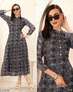 Aqua Bloom Printed Long Gown – Premium Rayon Frill Maxi Dress for Women