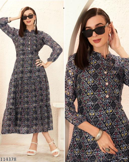 Aqua Bloom Printed Long Gown – Premium Rayon Frill Maxi Dress for Women