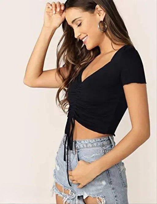 Ruched Drawstring Ribbed Crop Top  Trendy Slim-Fit Stretch Wear