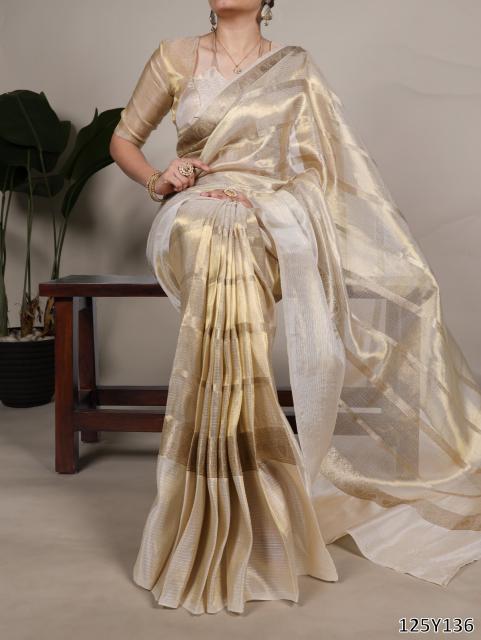 Diwali Radiance – Gold Tissue Border Saree for Engagement & Wedding Functions