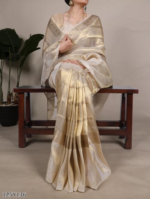 Diwali Radiance – Gold Tissue Border Saree for Engagement & Wedding Functions
