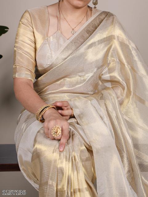 Diwali Radiance – Gold Tissue Border Saree for Engagement & Wedding Functions