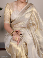 Diwali Radiance – Gold Tissue Border Saree for Engagement & Wedding Functions