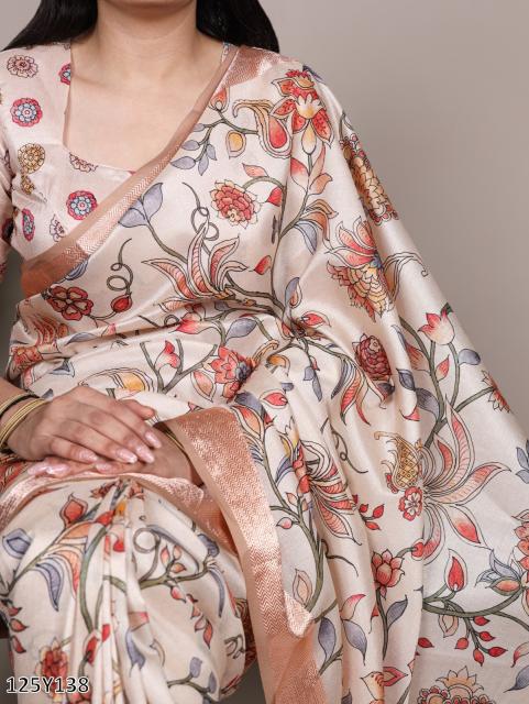 Elegant Tussar Silk Saree with Viscose Border – Traditional Floral Print Party Wear