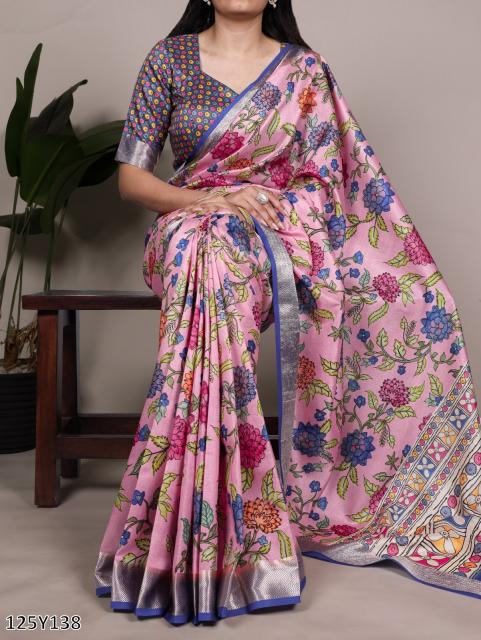 Elegant Tussar Silk Saree with Viscose Border – Traditional Floral Print Party Wear