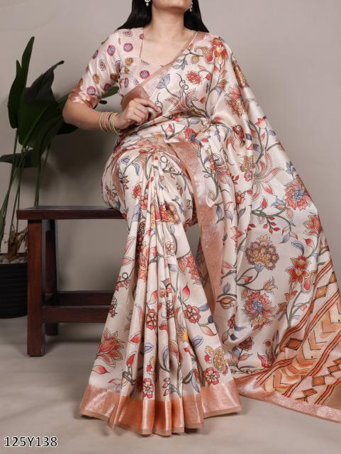 Elegant Tussar Silk Saree with Viscose Border – Traditional Floral Print Party Wear