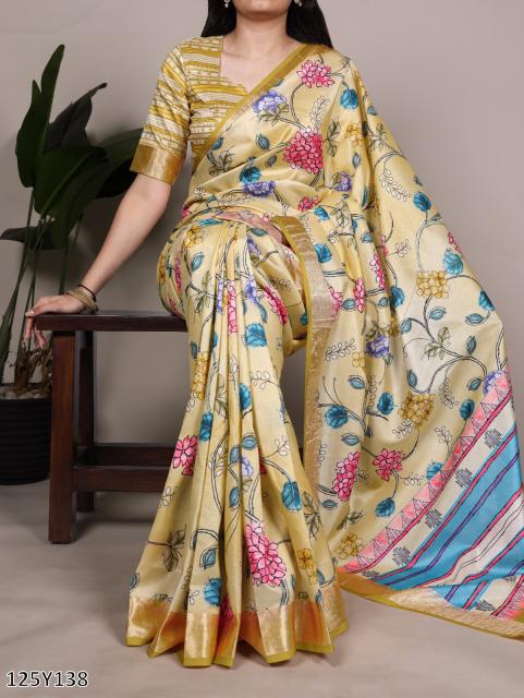 Elegant Tussar Silk Saree with Viscose Border – Traditional Floral Print Party Wear