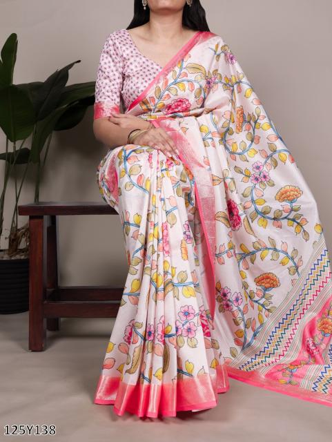 Elegant Tussar Silk Saree with Viscose Border – Traditional Floral Print Party Wear