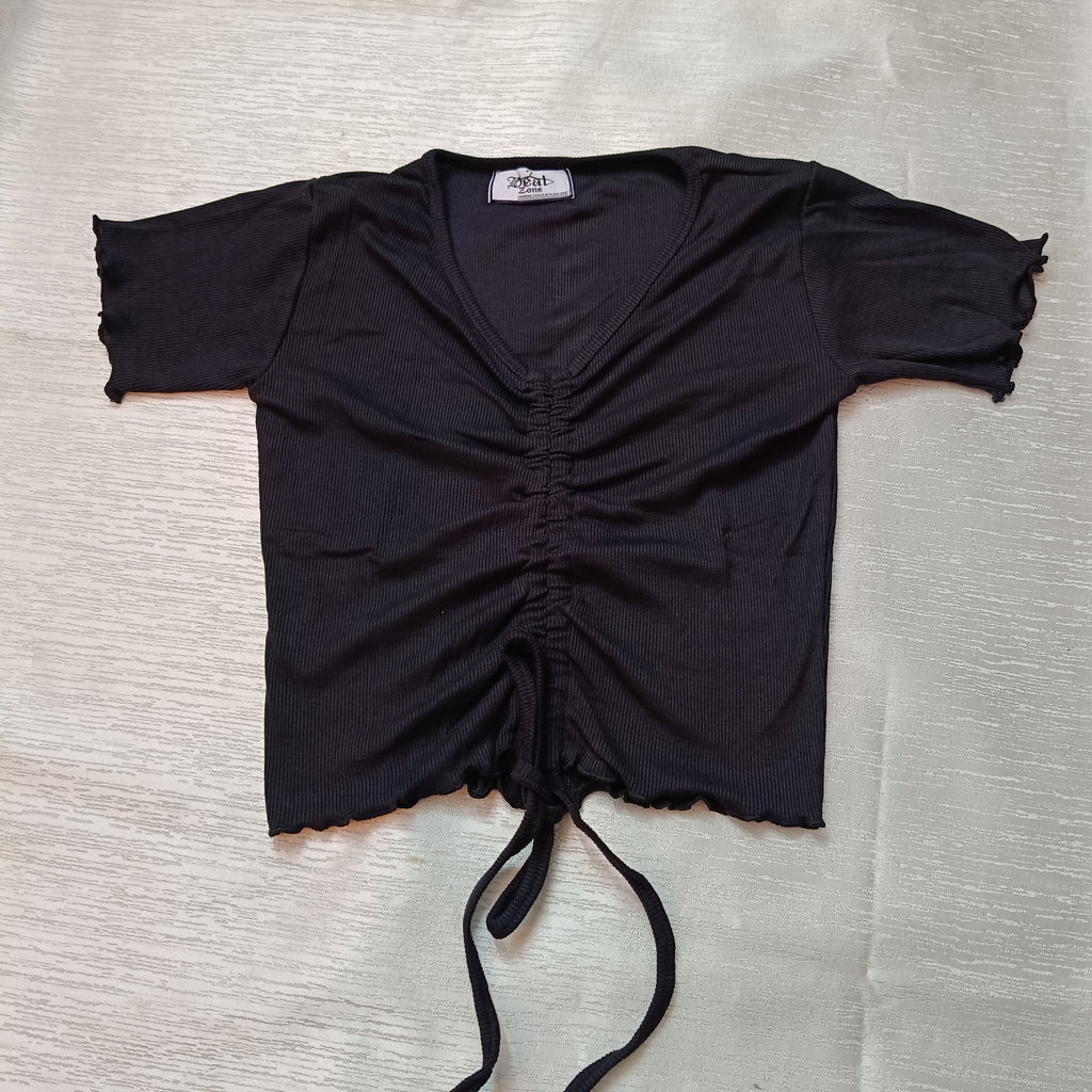 Ruched Drawstring Ribbed Crop Top  Trendy Slim-Fit Stretch Wear