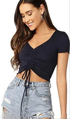 Ruched Drawstring Ribbed Crop Top  Trendy Slim-Fit Stretch Wear