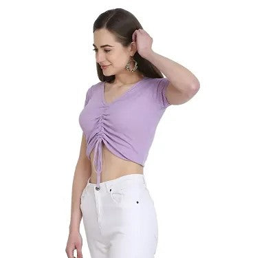Ruched Drawstring Ribbed Crop Top  Trendy Slim-Fit Stretch Wear