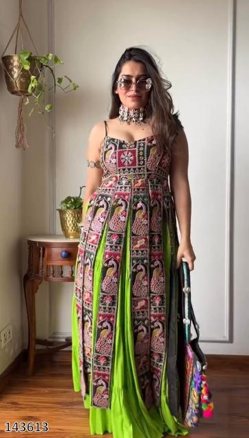 New Navaratri Fancy Gown with Striped Blouse – Elegant Garba & Dandiya Dress for Women