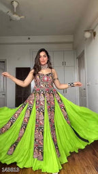 New Navaratri Fancy Gown with Striped Blouse – Elegant Garba & Dandiya Dress for Women