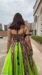 New Navaratri Fancy Gown with Striped Blouse – Elegant Garba & Dandiya Dress for Women