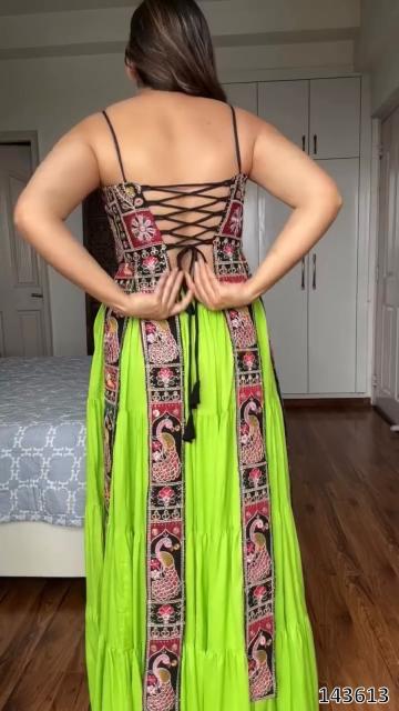 New Navaratri Fancy Gown with Striped Blouse – Elegant Garba & Dandiya Dress for Women