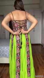 New Navaratri Fancy Gown with Striped Blouse – Elegant Garba & Dandiya Dress for Women