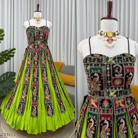 New Navaratri Fancy Gown with Striped Blouse – Elegant Garba & Dandiya Dress for Women