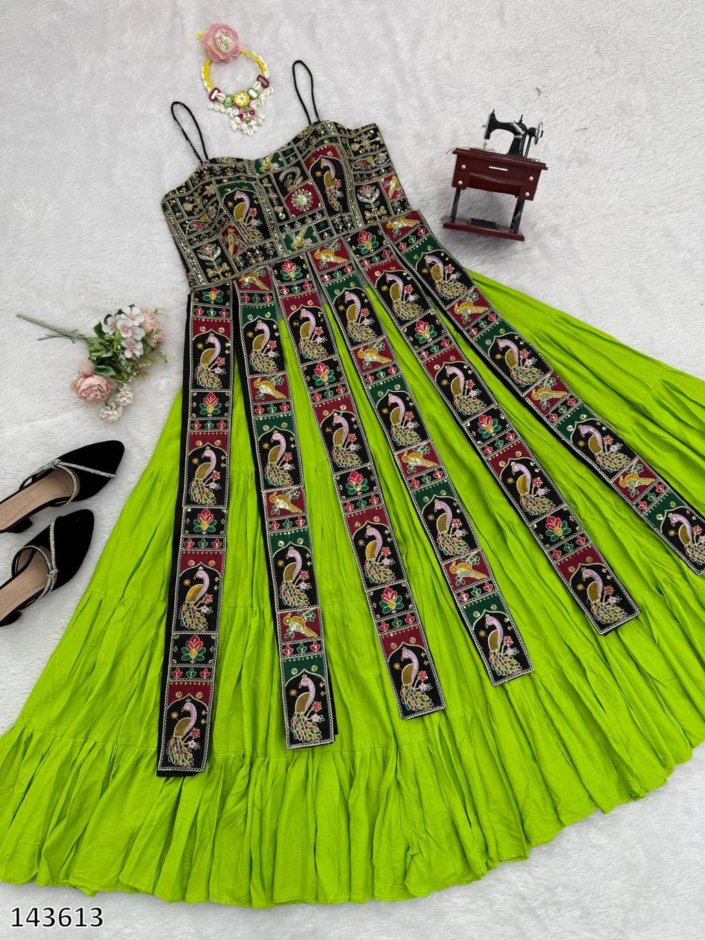 New Navaratri Fancy Gown with Striped Blouse – Elegant Garba & Dandiya Dress for Women