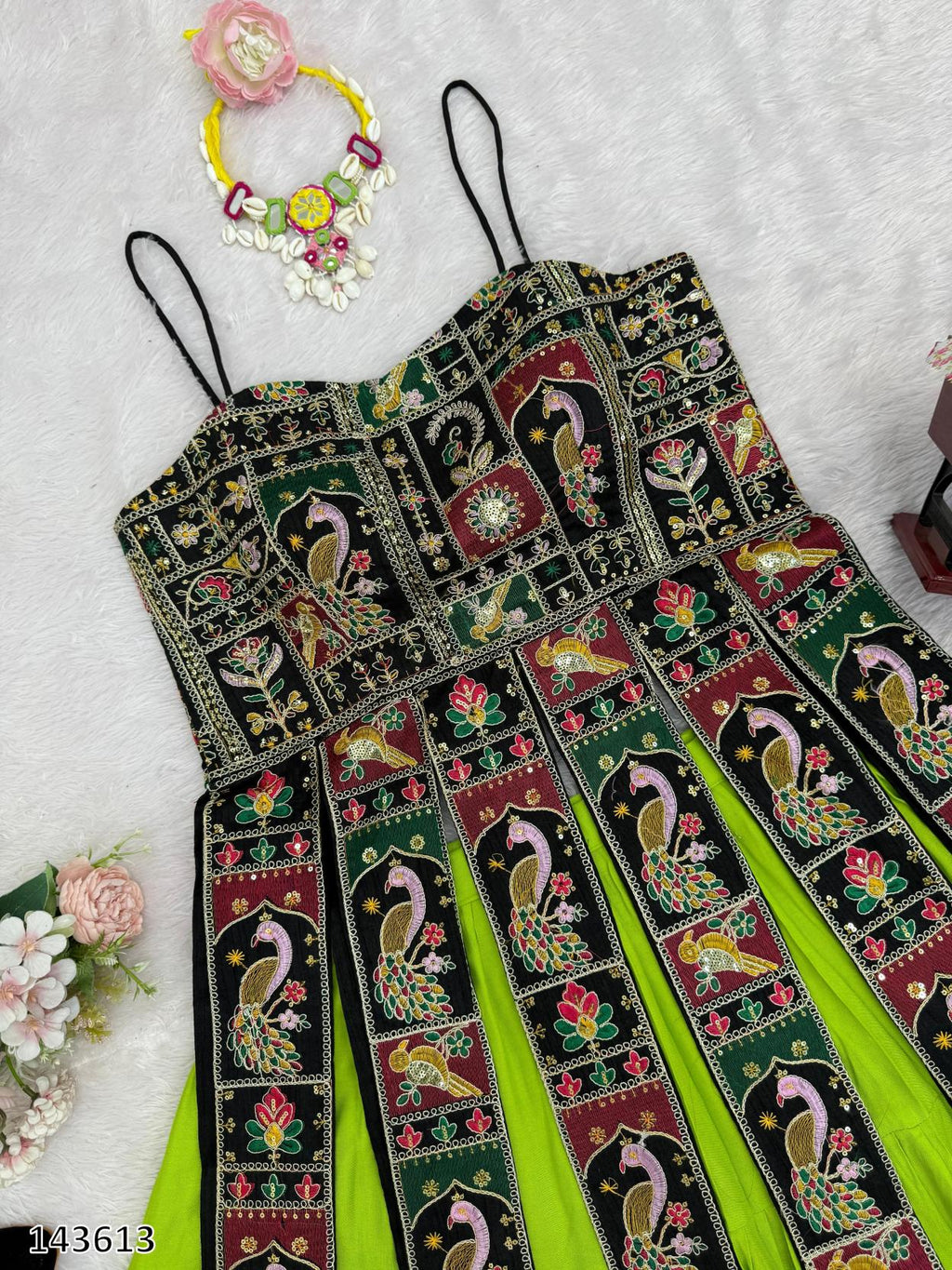 New Navaratri Fancy Gown with Striped Blouse – Elegant Garba & Dandiya Dress for Women