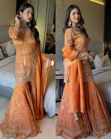 "Sunset Glow Fox Georgette Orange Sharara Suit – Designer Embroidered Ensemble"