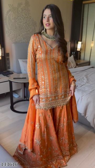 "Sunset Glow Fox Georgette Orange Sharara Suit – Designer Embroidered Ensemble"