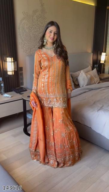 "Sunset Glow Fox Georgette Orange Sharara Suit – Designer Embroidered Ensemble"