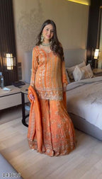 "Sunset Glow Fox Georgette Orange Sharara Suit – Designer Embroidered Ensemble"