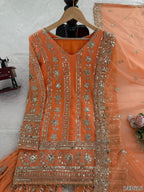 "Sunset Glow Fox Georgette Orange Sharara Suit – Designer Embroidered Ensemble"