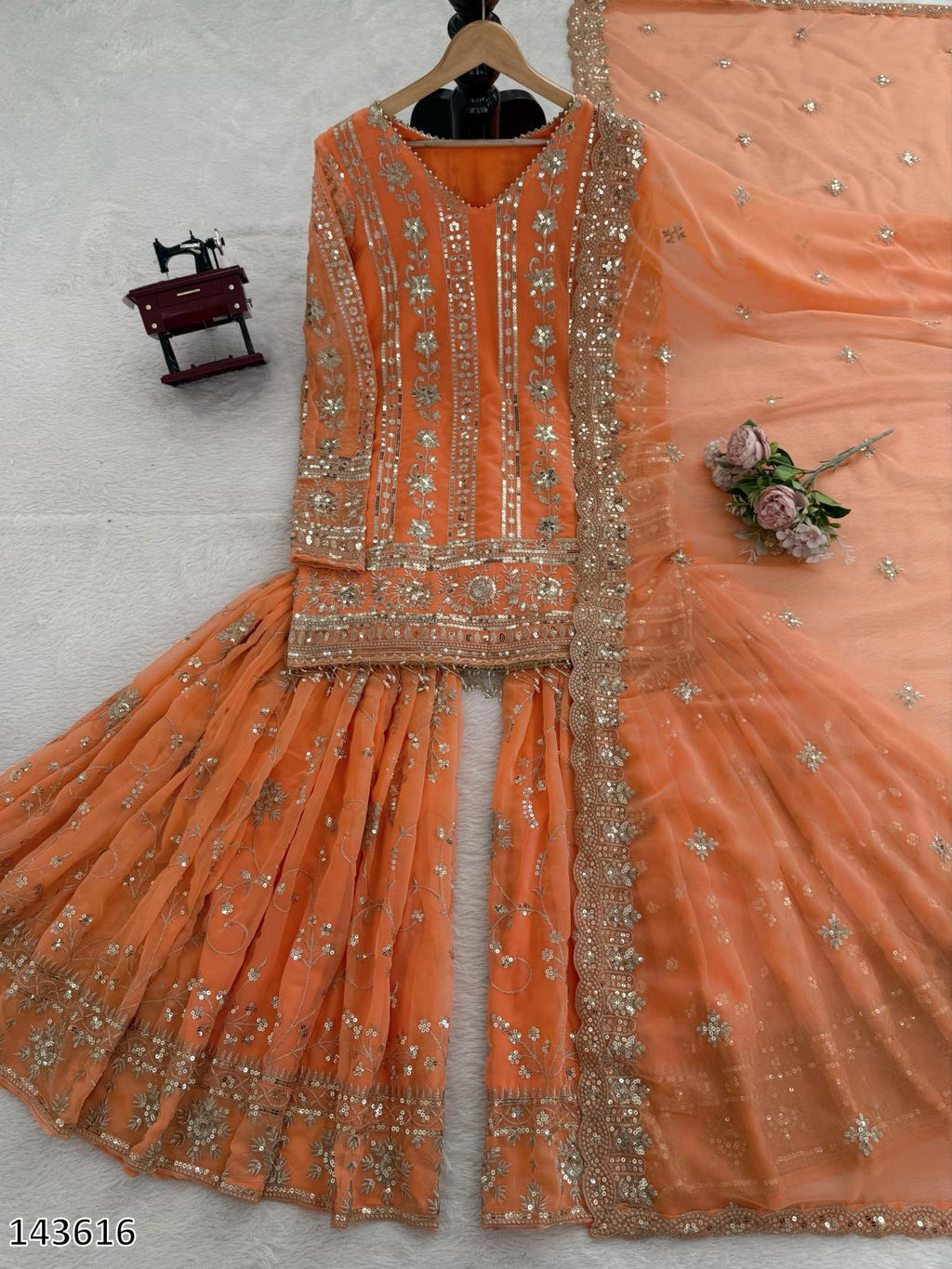 "Sunset Glow Fox Georgette Orange Sharara Suit – Designer Embroidered Ensemble"