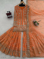 "Sunset Glow Fox Georgette Orange Sharara Suit – Designer Embroidered Ensemble"