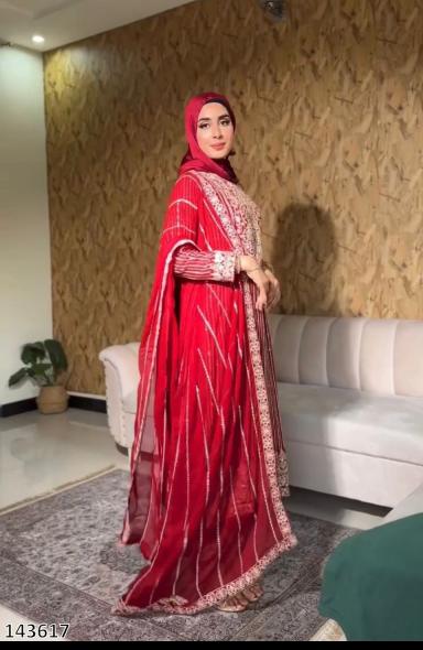 Faux Georgette Red Colour Elegant Embroidered 3PC Suit