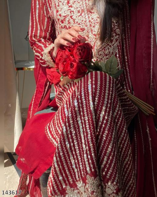 Faux Georgette Red Colour Elegant Embroidered 3PC Suit