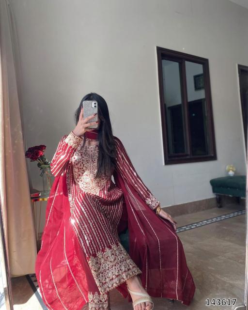 Faux Georgette Red Colour Elegant Embroidered 3PC Suit